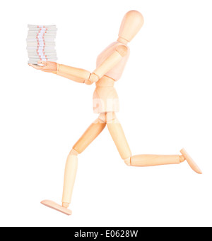 Manichino di legno uomo d affari che mostra molto denaro isolato Foto Stock