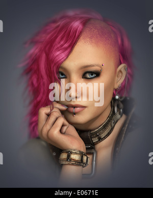 Computer grafica 3D di un ritratto di una ragazza con rosa Mohawk e vestito in stile punk Foto Stock