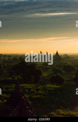 Antichi templi e pagode nella giungla di sunrise, Bagan, Myanmar Foto Stock