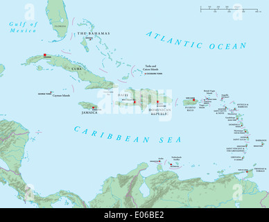 Caraibi - Grandi e Piccole Antille - Mappa Politico Foto Stock