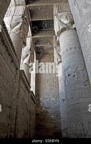 L'Egitto,Dendera,tempio tolemaico della dea Hathor.Vista del soffitto e le colonne in hypostyle hall. Foto Stock