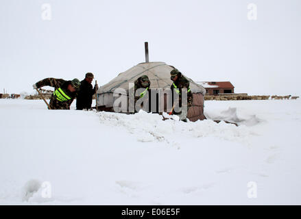 Hohhot, della Cina di Mogolia Interna Regione Autonoma. Il 4 maggio, 2014. Gli ufficiali di polizia di aiutare un pastore neve chiara circa la sua yurt su una prateria in Oriente Ujimqin Banner, a nord della Cina di Mogolia Interna Regione Autonoma, 4 maggio 2014. Alcune parti della Mongolia Interna ha testimoniato una forte nevicata dal sabato, con la temperatura scenda al di sotto di zero gradi centigradi. © Burengyiya/Xinhua/Alamy Live News Foto Stock