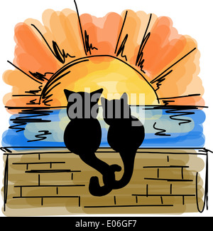 Illustrazione di due gatti che guarda al mare al tramonto Foto Stock