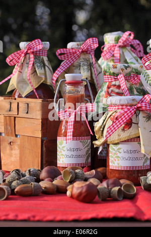 Occhiali con salse fatte in casa e il paese la decorazione della casa Foto Stock