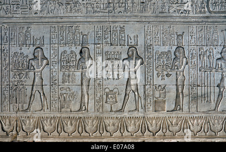 L'Egitto,Dendera,tempio tolemaico della dea Hathor.incisioni sulla parete esterna. Foto Stock