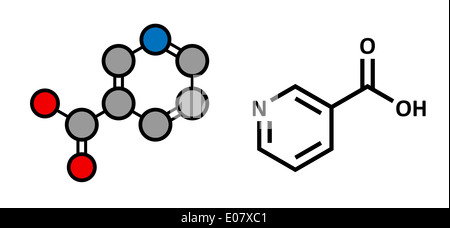 Vitamina B3 (Niacina) molecola. Stilizzata 2D rendering e tradizionale formula scheletrico. Foto Stock