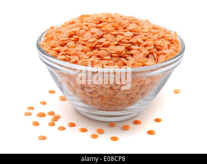 Ciotola di vetro dei pomodori pelati di lenticchie rosse isolato su bianco Foto Stock