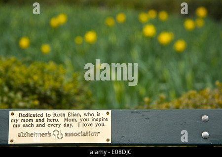 Dedicato a Mom, una targa in ottone su una panchina nel parco In Bryant Park di New York City. Foto Stock