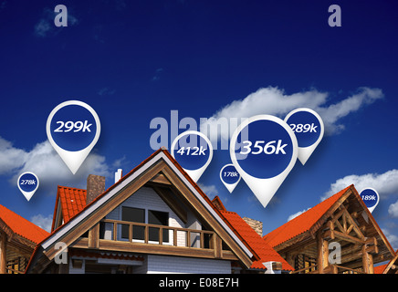 Mercato immobiliare Blue Prezzo tag le proprietà di cui sopra. Casa prezzi. 3D'illustrazione astratta. Foto Stock