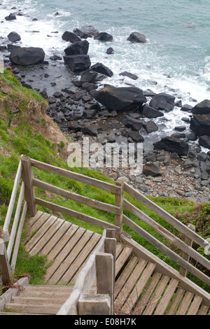 Vista dalla cima del ripido gradini in legno / scale che conducono in basso verso Porth Ysgo Aberdaron, una piccola spiaggia di ciottoli / cove Foto Stock