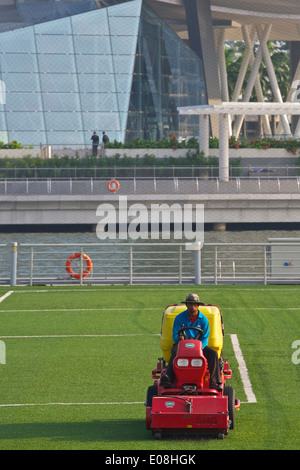 La falciatura del galleggiante, Groundsman taglia l'erba su "galleggiante", Singapore. Foto Stock