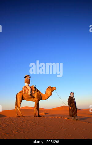 Tourist sul cammello tenendo fotografia, con uomo berbero, Marocco, Africa Settentrionale, Africa Foto Stock