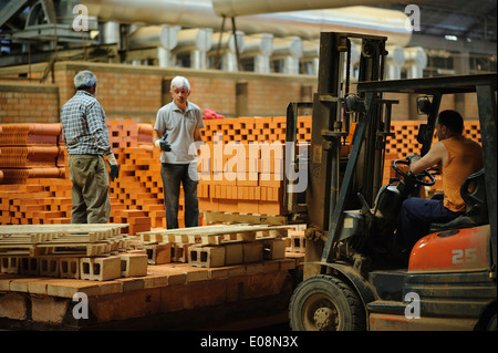 Uomo di funzionamento del carrello elevatore a forche in una fabbrica di mattoni Foto Stock