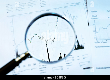 Lente di ingrandimento si concentra un grafico con il prezzo di stock Foto Stock