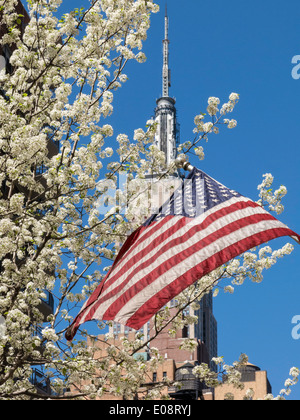 Bandiera americana e fiori di primavera nei pressi di Empire State Building, NYC Foto Stock