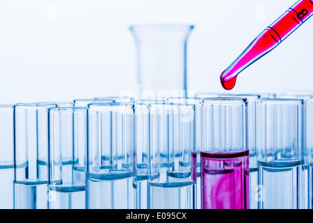 Molti tubi di prova con un tentativo in un laboratorio di ricerca di una università. Foto simbolico fue imparare e fare ricerca., Viele Reagenzglaes Foto Stock