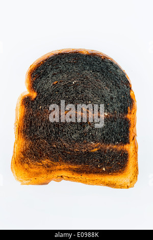 Tostare il pane è diventato con brindare burntly. Burntly toast con i dischi e la prima colazione., Toastbrot wurde beim toasten verbrannt. Foto Stock