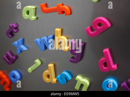 'Perché' enunciato in plastica le lettere magnetiche su una porta frigo. Foto Stock