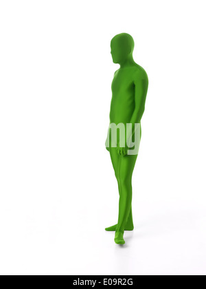 L'uomo vestito di un verde leotard standing, isolati su sfondo bianco Foto Stock