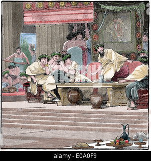 Spada di Damocle. Banchetto di Damocle. Dell'enciclopedia della storia universale, 1885. Incisione. Colorazione successiva. Foto Stock