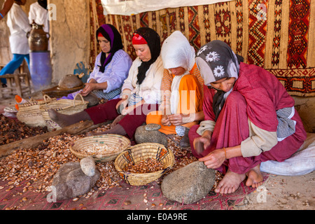 Donne berbere di estratto di olio di Argan dal dado di Argan kernals a Ourika Valley, Marocco Foto Stock
