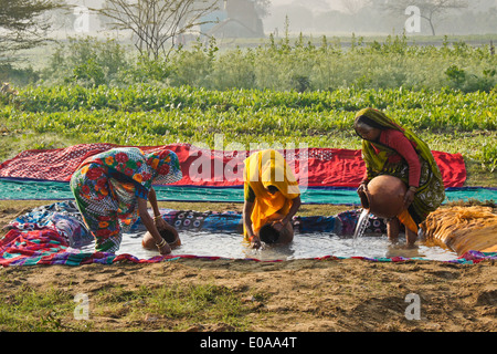 Le donne il riempimento di vasi di argilla con acqua, Nagla Kachhpura, Agra, India il riempimento di vasi di argilla con acqua, Nagla Kachhpura, Agra, India Foto Stock