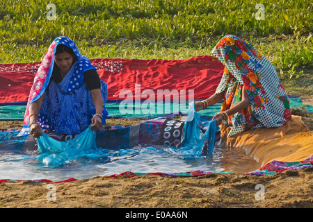 Le donne del villaggio a lavare i panni, Nagla Kachhpura, Agra, India Foto Stock