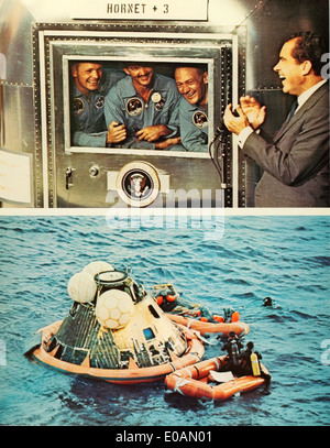 Gli astronauti dell'Apollo 11 sono mostrati qui in quarantena dopo il loro storico atterraggio lunare, garantendo che fossero privi di potenziali contaminanti. Di seguito, è raffigurata l'operazione di recupero della navicella spaziale Apollo 11, che mostra gli sforzi coinvolti nel recupero degli astronauti e della loro navicella dopo il successo della missione. Foto Stock