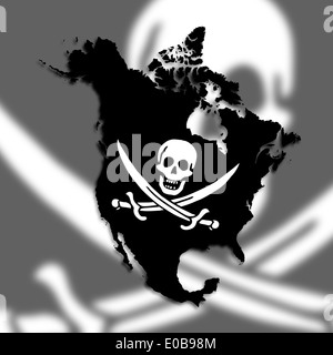 Mappa del Nord America riempita con una bandiera pirata isolato Foto Stock