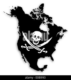 Mappa del Nord America riempita con una bandiera pirata isolato Foto Stock