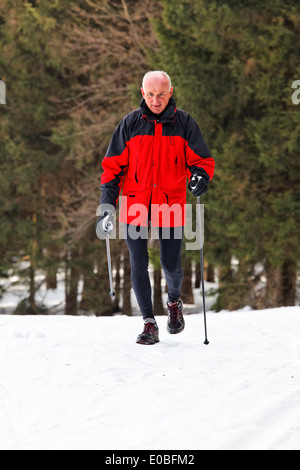 Boss in inverno sulla neve con tamburo nordico, Senior im Winter auf Schnee beim nordic walken Foto Stock