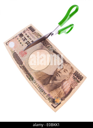 Yen giapponese di banconote. Valuta in Giappone. Debiti e bilancio, Japanische Yen Geldscheine. Waehrung in Giappone. Schulden und Budget Foto Stock