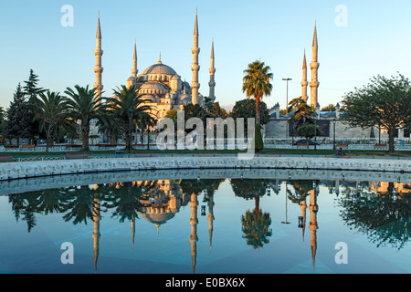 La moschea blu riflessa sulla piscina, Istanbul, Turchia Foto Stock