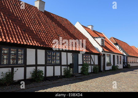 Pittoresca vecchia fila di case con tetti di tegole rosse sul residenziale stretta strada di ciottoli in Ebeltoft, nello Jutland, Danimarca e Scandinavia Foto Stock