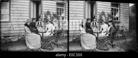 Una fotografia di donne che bevono il tè fuori dalla casa di William e Lydia Williams a Napier, nuova Zelanda, tra il 1888 e il 1899. L'immagine riflette la vita sociale e la cultura durante questo periodo di tempo. Foto Stock