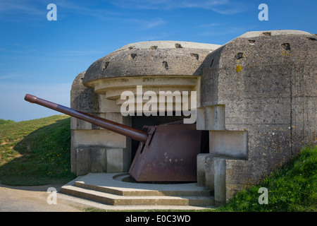 Il tedesco 150mm pistola a Longues-sur-Mer batteria - parte del D-Day tedesco sistema di difesa, Normandia Francia Foto Stock