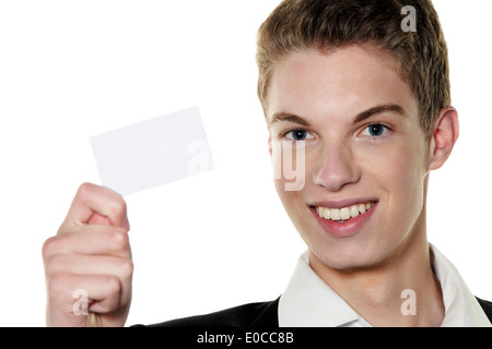 Un giovane rfolgreicher Jung imprenditore con carta telefonica, Ein junger rfolgreicher Jungunternehmer mit Visitenkarte Foto Stock