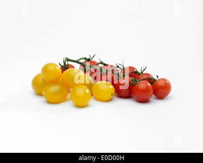 Una selezione di vite rossa e gialla pomodori ciliegia su uno sfondo bianco Foto Stock