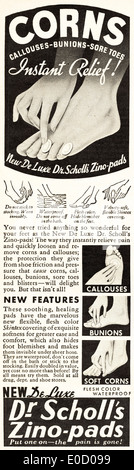 Pubblicità per il Dr SCHOLL'S ZINO pastiglie per il mal di piedi nella rivista americana datato dicembre 1934 Foto Stock