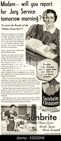 Pubblicità per SUNBRITE CLEANSER nella rivista americana datato dicembre 1934 Foto Stock