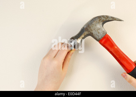 Foto orizzontale di mani femminili tenendo il martello e il chiodo sulla parte interna home muro bianco Foto Stock