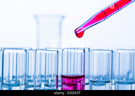 Molti tubi di prova con un tentativo in un laboratorio di ricerca di una università. Foto simbolico per imparare e fare ricerca., Viele Reagenzglaes Foto Stock