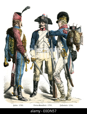 Costumi tradizionali della Francia. Ussaro, Linea cavalleria, e la fanteria del tardo XVIII secolo Foto Stock