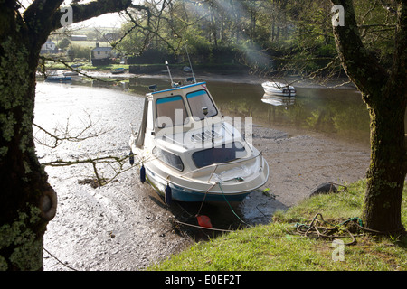 Una nebbiosa mattina presso il villaggio della Cornovaglia di Lerryn a bassa marea sul fiume di marea, con il riflesso in acqua delle barche Foto Stock