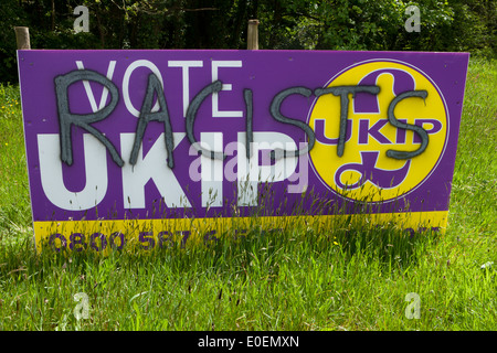 Un poster per l'UKIP parte che è stata sfigurata con la parola razzisti, accanto alla strada in Cornovaglia. Foto Stock