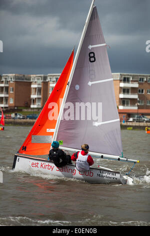 West Kirby, Liverpool, Regno Unito. 11 maggio 2014. British Open Team Racing Campionati Trophy 2014. Barca a vela di Premier League " Il Trofeo Wilson' 200 Olympic-class marinai competere annualmente su Kirby's anfiteatro marino in uno del mondo eventi preferiti dove migliaia di spettatori seguono 300 breve, sharp delirante gare in tre squadre di barca spintoni su un lago delle dimensioni di un campo di calcio per guadagnare il prestigioso titolo: "Wilson campione del Trofeo." Credito: Cernan Elias/Alamy Live News Foto Stock