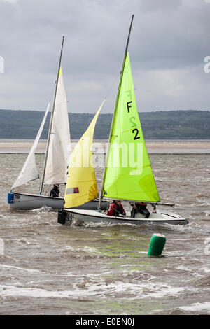 West Kirby, Liverpool, Regno Unito. 11 maggio 2014. British Open Team Racing Campionati Trophy 2014. Barca a vela di Premier League " Il Trofeo Wilson' 200 Olympic-class marinai competere annualmente su Kirby's anfiteatro marino in uno del mondo eventi preferiti dove migliaia di spettatori seguono 300 breve, sharp delirante gare in tre squadre di barca spintoni su un'area delle dimensioni di un campo di calcio per guadagnare il prestigioso titolo: "Wilson campione del Trofeo. Credito: Cernan Elias/Alamy Live News Foto Stock