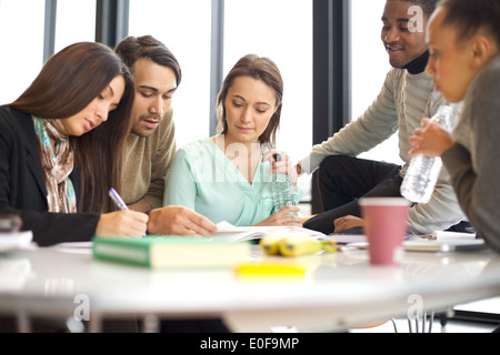 Diversi gruppi di studenti che studiano in una libreria. I giovani seduti insieme al tavolo di lavoro scuola su assegnazione. Foto Stock