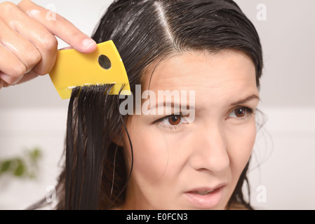 Pettinatura donna fuori i pidocchi nei suoi capelli Foto Stock