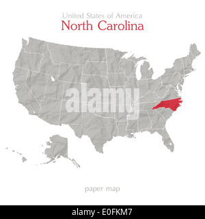 Stati Uniti d'America map e North Carolina State territorio isolato su sfondo bianco Foto Stock